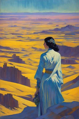 [Kupka] Driven by an unexplained urge, Dorothy followed her instincts, venturing outside the city limits and into the desolate desert that surrounded it. The barren landscape stretched as far as the eye could see, a stark contrast to the neon-lit concrete jungle she called home. The cyberpunk world seemed distant here, replaced by the vastness of nature.