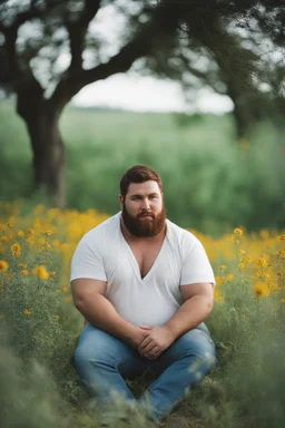 full figure photography, shy muscular big fat chubby, 35mm lens, burly italian man short hair, 27 years old sitting in the meadow with a flower in a hand, near a big farm , red short beard, , hairy armpits, manly armpits, ugly, manly chest, hairy chest, big shoulders, , huge belly, manly chest, shirtless, with boxer, emotive eyes looking at camera, photorealistic , dim side light, ambient occlusion, side view, poetic composition, golden ratio