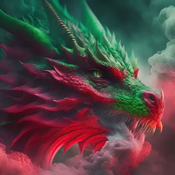 Close-up Gorgeous green dragon fiery throat in dark red poison cloud