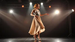 full body shot of a very beautiful German lady with makeup and bob hair, wearing a pretty long skirt and heels, dancing gracefully on a modern stage with dynamic lights.