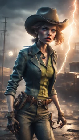 flashy magazine cover illustration, fallout 4 docks setting, horror weird cowboy newt alien in female garments, getting hit by lightening electric arc, with big disturbed eyes,bokeh like f/0.8, tilt-shift lens 8k, high detail, smooth render, down-light, unreal engine, prize winning