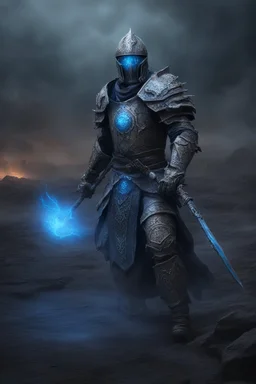 photorealistic Ancient undead psi-warrior knight commander wearing fullplate being surounded by blue aura wandering the wasteland