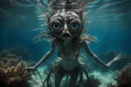 Underwater, closeup siren with big eyes, ragged clothes, fullbody, his skin translucent, black veins, 8k,macro photography,