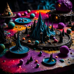 Detailed creepy set table made of modeling clay, naïve, Tim Burton, strong texture, extreme detail, Max Ernst, decal, rich moody colors, sparkles, Yves Tanguy, bokeh, odd