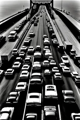 Schwarzweißfoto frontale Sicht auf Fahrbahn und Pfeiler der Oakland Bridge vom Zentrum der Brückenfahrbahn aus, Horizont liegt beim unteren Drittel der Bildhöhe, ziemlicher Verkehr in beide Richtungen, ausschließlich amerikanische Autos mit Baujahren zwischen 1950 und 1960