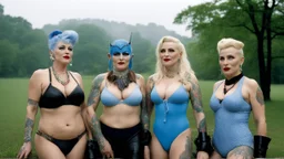 [photo of three women by Evelyn Hofer] Tattooed Tank Girl and Madonna as middle age ladies, there is an alien female with a blue head between them they all wear swimsuits caught in a heavy summer rain in central park, happy with no inhibitions
