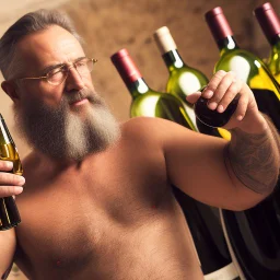 burly 60 year old man with short beard and tank top tattoo chooses a bottle in a cellar and wine bottles, look at camera, hyper realistic, Cinematic, 35mm lens, 35mm lens, f/1.8, accent lighting, global illumination