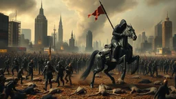 detalied cyberpunk interpretation of Bruegel's "The Triumph of Death", capturing the symbolic "harvest" of humanity with terror. dystopian metropolis under smog sky, cybernetic soliders reapers are executing physical harvest and many humans citizens killed army of cyberwarrior and robotic soliders, many panicking and run away people ,many human bodies lying on the ground. a cyber-death warrior in black hood with futuristic gun on an mechanical robotic horse, thriller, cinematic
