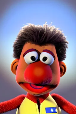 Waist up muppet Portrait, Nicolas maduro us muppet doll, Venezuelan president, tracksuit red blue and yellow, mustache, photo studio, red background, unreal engine 5, concept art, art station, ray tracing, lumen lighting, ultra detail, volumetric lighting, 3d.