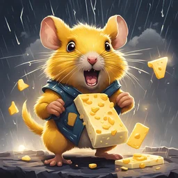 Bright yellow chunky rodent with a lightning tail and lightning cheeks gnawing on cheese and thunderbolts rain down around it, in card art style