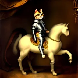 retrato de un gato con armadura montando un Pegaso con estilo de Rembrandt