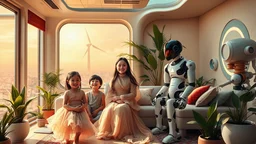 Futuristic family living in a luxurious future home in a hot environment caused by continued global warming and climate change, mitigating technology, sustainable technology, solar power, water turbine, wind turbine, happy children, beautiful voluminous diaphanous clothing, happy robots, lots of house plants, perfect detail, perfect faces, perfect bodies, high quality render, colour photograph