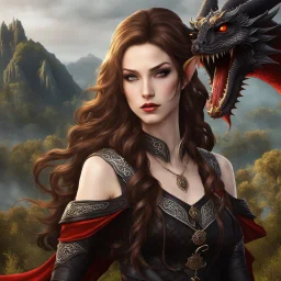 An arrogant looking young woman with pale skin and long brown hair in an outdoor fantasy setting with intricate details with a dragon flying in the far distance of the background. She is smirking, wearing black and read leather, has red eyes, an air of malevolent power surrounds her. gaia online avatar style. High definition.