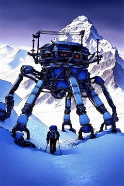 a mechanical walker with eight legs scaling a very steep snow covered side of mout everest at night, it has a smooth surface, it has storage pods on its belly human can fit in the pods