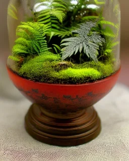 miniature tabletop lush fern rainforest landscape in an ornate bell jar, jungle, warm colors, highly detailed, intricate