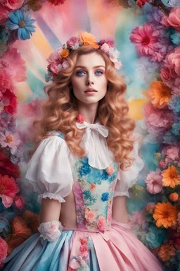 Realistic Photography beautiful Alice in wonderland, boheme chic outfit adorned with flowers, vibrant colors,photography inspired, soft pastels, brush strokes, ethereal, digital photography, beautiful and intricate patterns, delicate curls, rainbows, playful, stylish, high contrast, striking shadows, fantastical elements, modern twist, retro vibes, lively and energetic, surrealistic elements, kaleidoscopic patterns, dreamlike atmosphere, whimsical, effervescent, contemporary flair, eye-catching