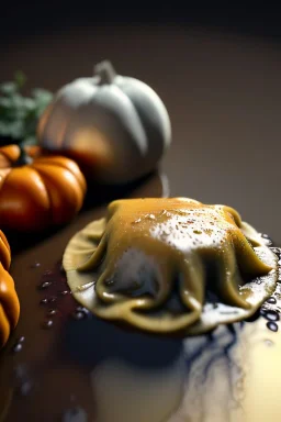 Cooking photo of wet Raviolis with truffle and pumpkin flying, minimal, olive oil, moisture, art, natural, ornaments, ceramic, marble, high kitchen, smooth, god rays, unreal engine 5, ray tracing, RTX, lumen lighting, ultra detail, volumetric lighting, 3d.