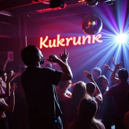 MR Kukrunk MC is Benny, and "DJ Roy" in a disco, dancing, "Kukrunk" on sign wall, disco light, strobe, disco ball, 1000 dancing people