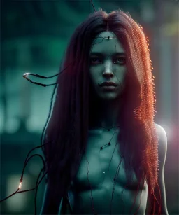 Ultra realistic photographic night portrait, cinematic, naked, long hair <latin woman> <hanging wires> many wires coming out of the head <perfect pupil> <cyborg> <garage> <wide angle Shot> <sci-fi futuristic> <thriller>, fog, soft color, highly detailed, unreal engine 5, ray tracing, RTX, lumen lighting, ultra detail, volumetric lighting, high definition.