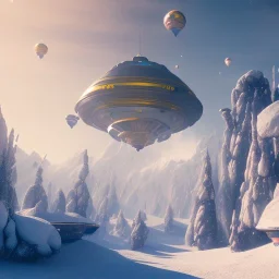 Spaceship landed on snowy mountain, sunny day. clear blue sky. gold. Elegant. Extremely detailed. Award winning photography. Fantasy. 8k. Cinematic lighting. Photorealistic. Dynamic lighting. Imperial colors. Crisp quality. Unreal Engine. Colourful cinematic postprocessing. Pixar. VRay.