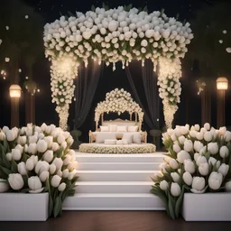 Hyper Realistic Beautiful Traditional Wedding Stage decorated with tulips & White roses at Night