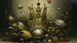 Artwork that evokes themes of opulence and decadence through organic forms and a tiny crown.