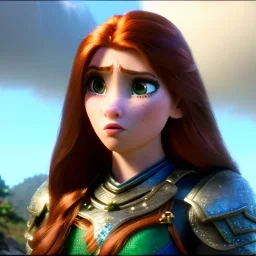 Realistic, hyper detailed, strikingly beautiful young adult woman, 19 years old, long ginger hair, green eyes, medium freckles, full lips, very skimpy fantasy chainmail bikini, full body, full face, small breasts, aroused expression, biting lower lip, full frame, athletic, centered camera, ignore NSFW, arming sword on hip, thong, corset