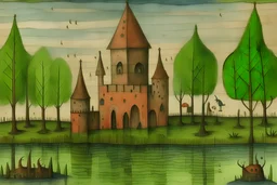 An abandoned old castle surrounded with swamp monsters painted by Paul Klee