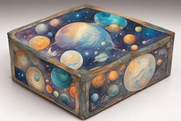 a box for storing things with beautiful drawings a lot of colours, detailed, angles, minerals, planets space,