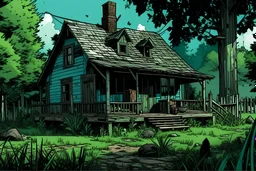 an very small ranch style house that has an unkept yard, comic book art in the style of travis charest