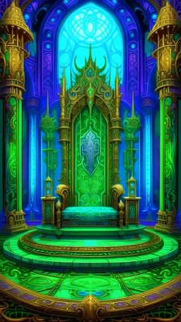 masterpiece, best quality, (Emperor of Emerald Kingdom:1.5), mixed media masterpiece, ink, oils, acrylics, fantasy medieval emerald castle interior, contrasting purple glowing ornamentation against green, intricate emerald stone walls with vibrant accents, majestic throne room, supernatural glow, emperor adorned in ornate armor with glowing orange and purple details, tapestries and artifacts enriched with vivid highlights, blending the meticulous geometry of Leonardo da Vinci with the fantastica