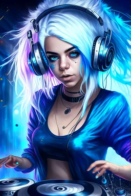 blue-white Haired Grey eyed Beautiful DJ girl spinning tunes at a disco club