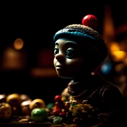 Close-up photograph of an odd land-of-toys with detailed Vintage Toys vintage puppet, Decor Old Toys Antique Toys Decor Toy, made of cake-frosting and felt, strong texture, extreme detailed movie shot, rich moody colors, sparkles, bokeh, 33mm photography