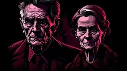 dark comic style portrait, sinister elderly couple, burgundy tints,