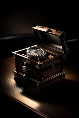 roduce a photograph of a luxurious watch box, captured at a slight angle, to highlight its intricate details. The lighting should create a soft, dramatic shadow, adding depth and sophistication."