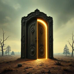 Imaginez une porte fermée en plein milieu d'une étendue déserte avec des arbres ci et là et menant on ne sait où. La porte est en bois ancien et patiné, ornée de sculptures complexes et rayonnant d'une lumière éthérée. La scène s'inspire des paysages surréalistes de Max Ernst et de l'onirisme de René Magritte, avec une touche d'élégance Art nouveau et d'horreur cosmique, créant un chef-d'œuvre d'une beauté époustouflante et envoûtante dans le style de Paul Delvaux