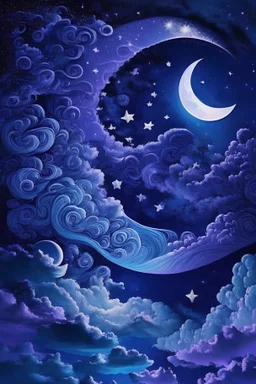 moon and stars with clouds celestial waves blue and purple