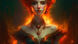 fire goddess portrait looking straight ahead with intricate latex collar, magic the gatheing, cinematic, cgsociety, 8k, hires, rococco, baroque, symmetry, occult, cosmic, beautiful, elegant, cinematic, portrait, free space, Pierre-Auguste Renoir Charlie Bowater --v 6.0