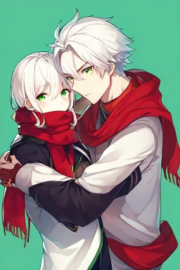 A Boy with white hair, green eyes, calm, the background is: a sky full of stars, His hair is short, he wears a red scarf,