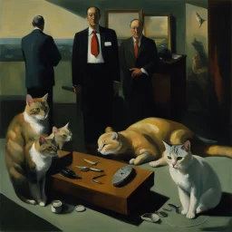 UN conference.a cat and human flesh-like surgical instruments and universe-like a pigeon and neuralink, surrealism,minimalism,Painting By Adrian Ghenie, Rene Magritte, Salvador Dali, Lucian Freud