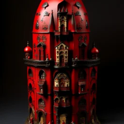 A dark red vampire castle with mosquitoes designed in Matryoshka dolls painted by Michelangelo di Lodovico Buonarroti Simoni