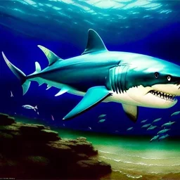 Full Body portrait of ' Giant Megalodon Shark',painting by gaston bussiere, greg rutkowski, yoji shinkawa, yoshitaka amano, tsutomu nihei, donato giancola, tim hildebrandt, oil on canvas, extreme detail,fit full head inside picture,32k