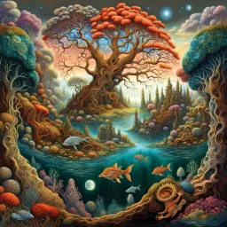 A sky Decorated with sun and moon stars Imaginary landscape trees. . And he sells. Meh. lake.Underwater ornamental coral perfect anatomy, fantasy, vibrant digital art professional award winning masterpiece, oil on canvas Atmospheric extremely detailed Josephine Wall