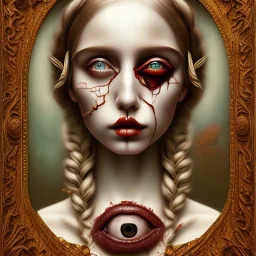 singer Danish MØ face, style surrealism by <Mark Ryden>, blood, hair guts, darkred tones,