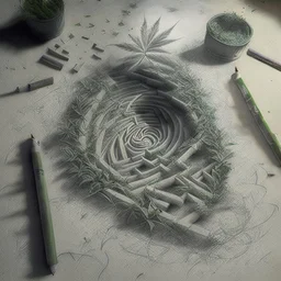 Create a pencil sketch composition featuring smoke trails swirling in the shape of a labyrinth, while crushed weed leaves form the walls and pathways, inviting viewers to embark on a visual journey of self-discovery.