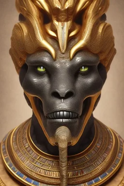 Anunnaki black male African Egyptian alien, cracks in the voodoo head, wicked, eyes, crown, Elephant, 8k, finely detailed, photo realistic, tiger turquoise skull head gold dragon space alien snow skeleton gold gorilla silver crown silver eyes