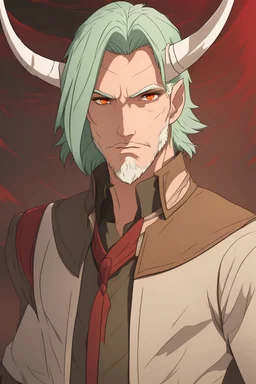 Man with light green hair, buffalo horns, vivid red eyes, brown and tan Western clothes, stoic, Western background, RWBY animation style