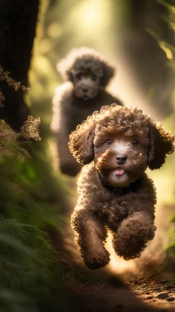 extreme close up photography of two cute puppy lagotto romagnolo happy dogs in a wood , running looking for truffles , in Tuscany Italy , photorealistic, backlight, 35mm lens