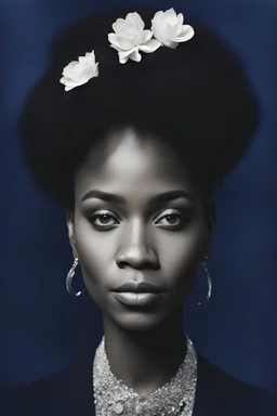 An extremely formal, funeral program written in French for a black woman (include a front photograph of a beautiful lightly tanned biracial black woman) on darkest blue deeply pigmented velvet paper with brilliant, brightest heavy bright shining platinum calligraphy fonts, simple, minimalistic, less element, very dramatic lighting, very detailed, 3d effect,