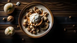 Top view of vanilla ice cream with caramel syrup and walnuts on a plate on wooden background with text for copy space
